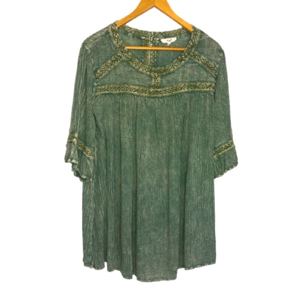 Easel Babydoll Peasant Blouse Green Acid Wash L Short Sleeve Embroidery Buttons